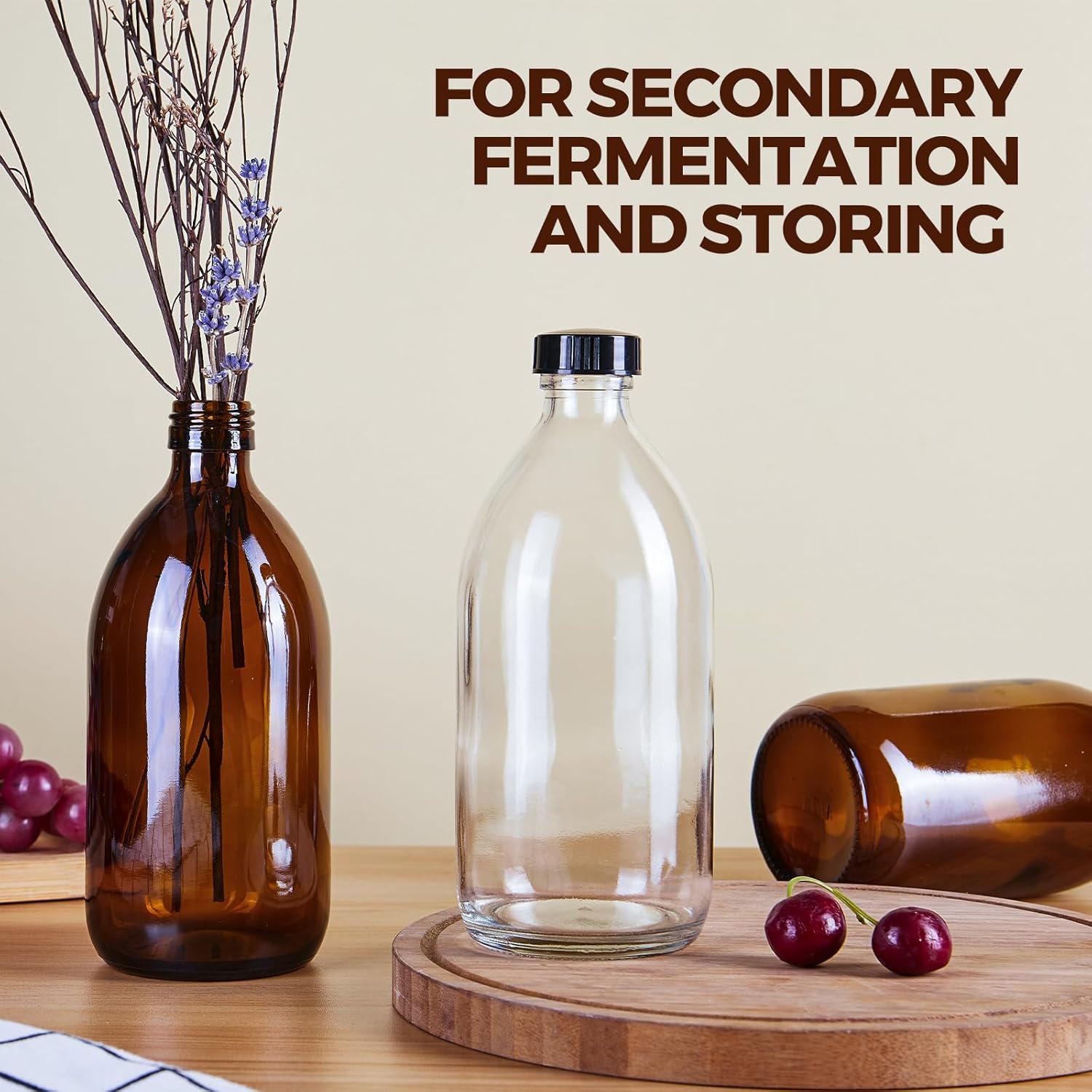 16 OZ Glass Bottles with Lids, 20 Pack Clear Boston Round kombucha Sample Bottles with Black Caps Perfect Glass Containers for Secondary Fermentation,Storing condiment,Homemade Essential Oils,kitchen