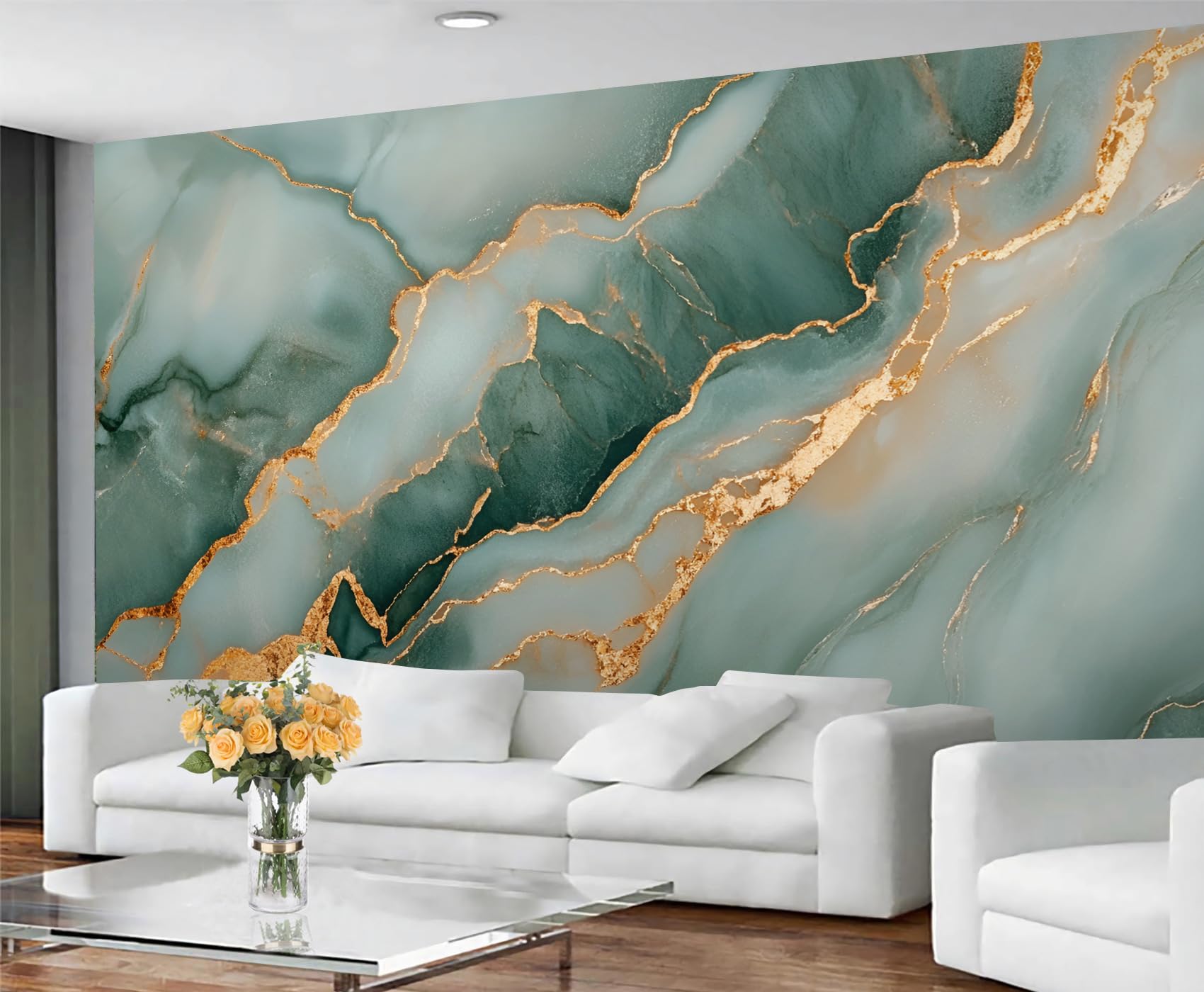 GIVLWF Green Gold Marble Wallpaper, Fluid Marble Peel and Stick Wallpaper for Bedroom, Stone Texture Wall Paper for Living Room, Watercolor Green Large Mural & Room Decor
