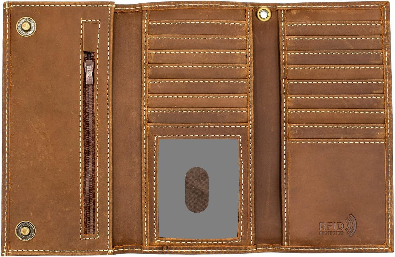 Genuine Leather Long Wallet for Men, Trifold & Checkbook, RFID Blocking, Multiple Card Slots, Zipper Coin Pocket - Design in U.S.A - Side Slip Bills Slots (J212B, Rustic Brown)