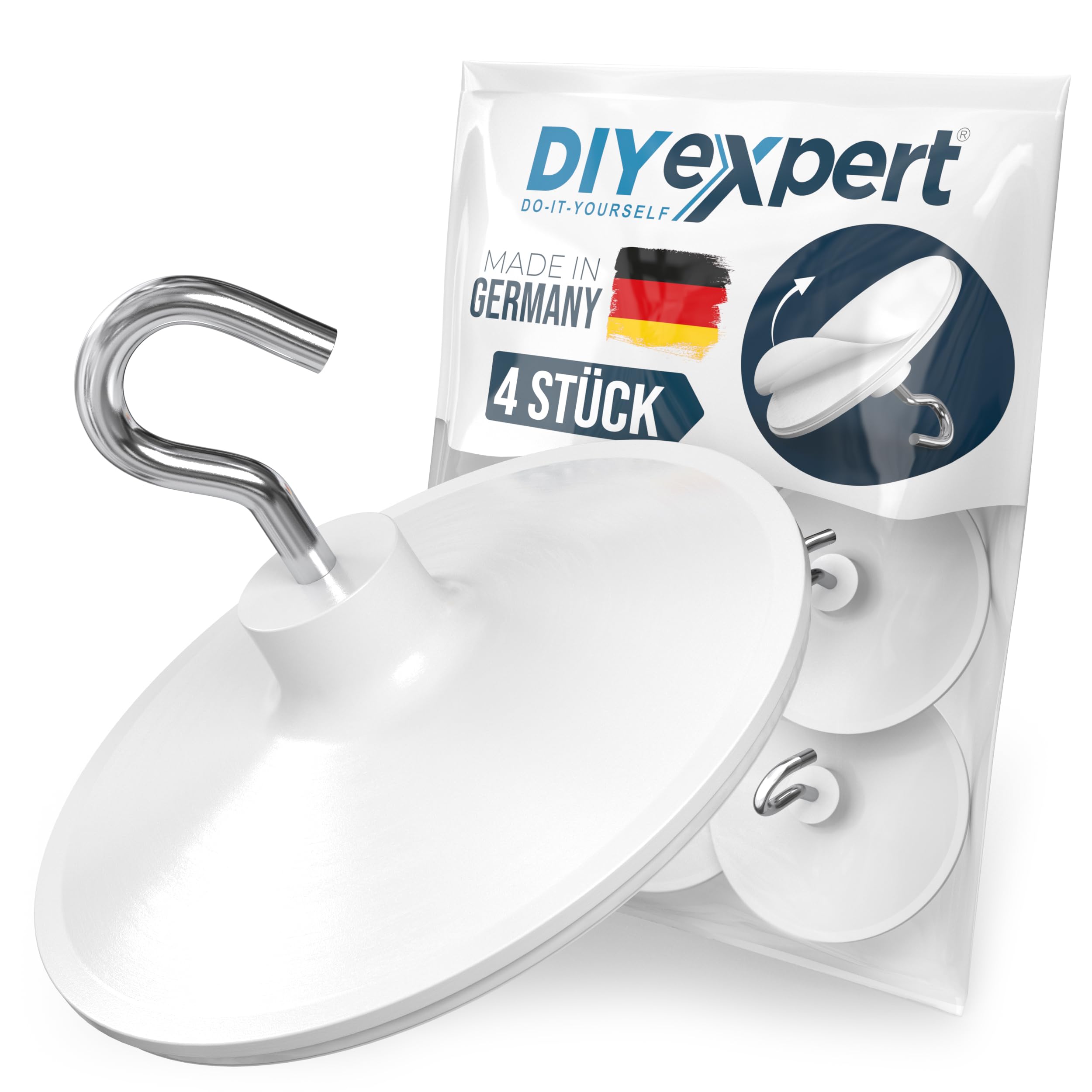 DIYexpert haki sufitowe samoprzylepne | wykonane w Niemczech | [z uchwytami] [4 sztuki] | bardzo mocne klejone haki sufitowe | wieszaki ścienne bez wiercenia
