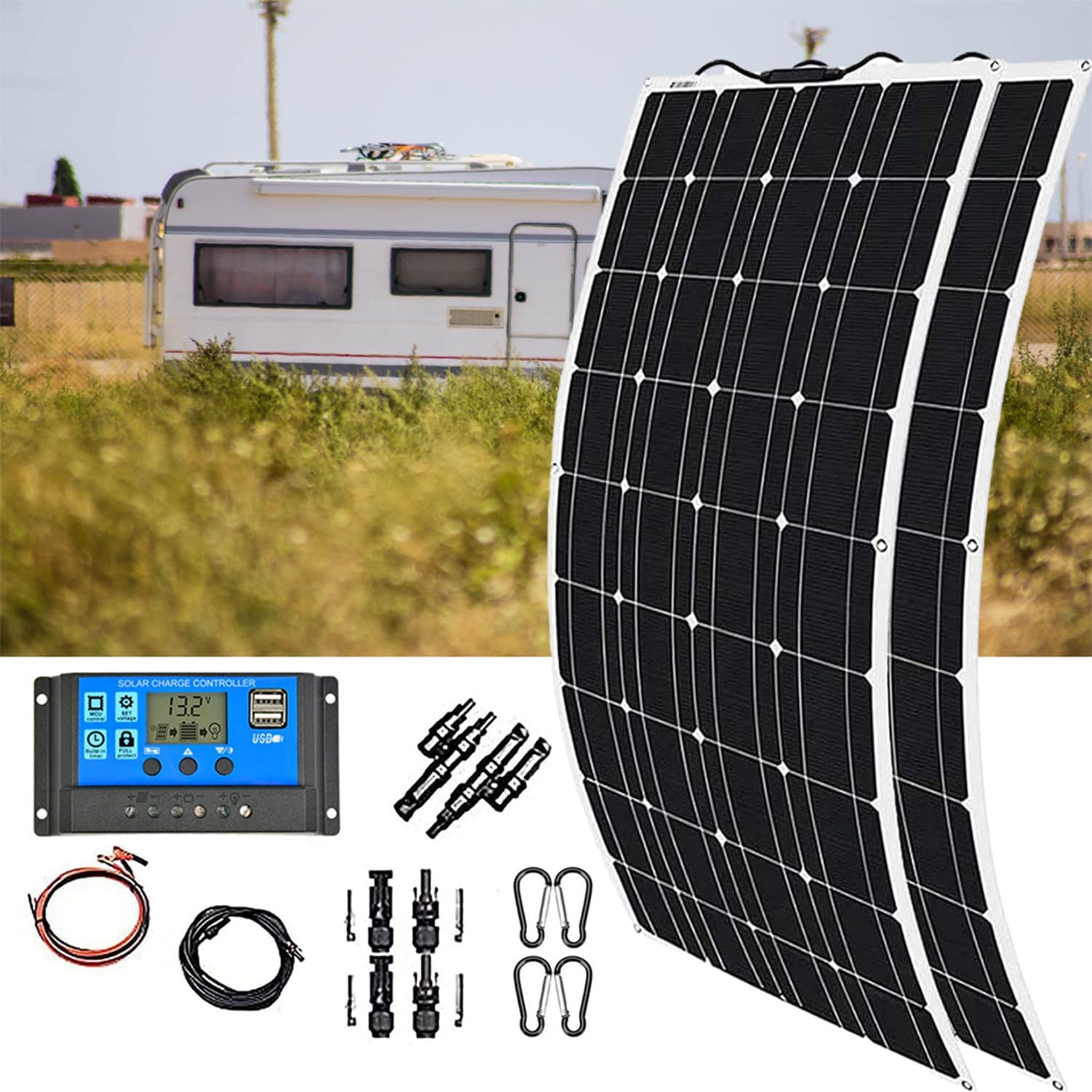 FLP 600W 18V Complete Solar Power System Kit Off Grid Panel 2 Pcs 300W Monocrystalline and 40A Controller for Caravan, RV, Boat Uneven Surfaces……