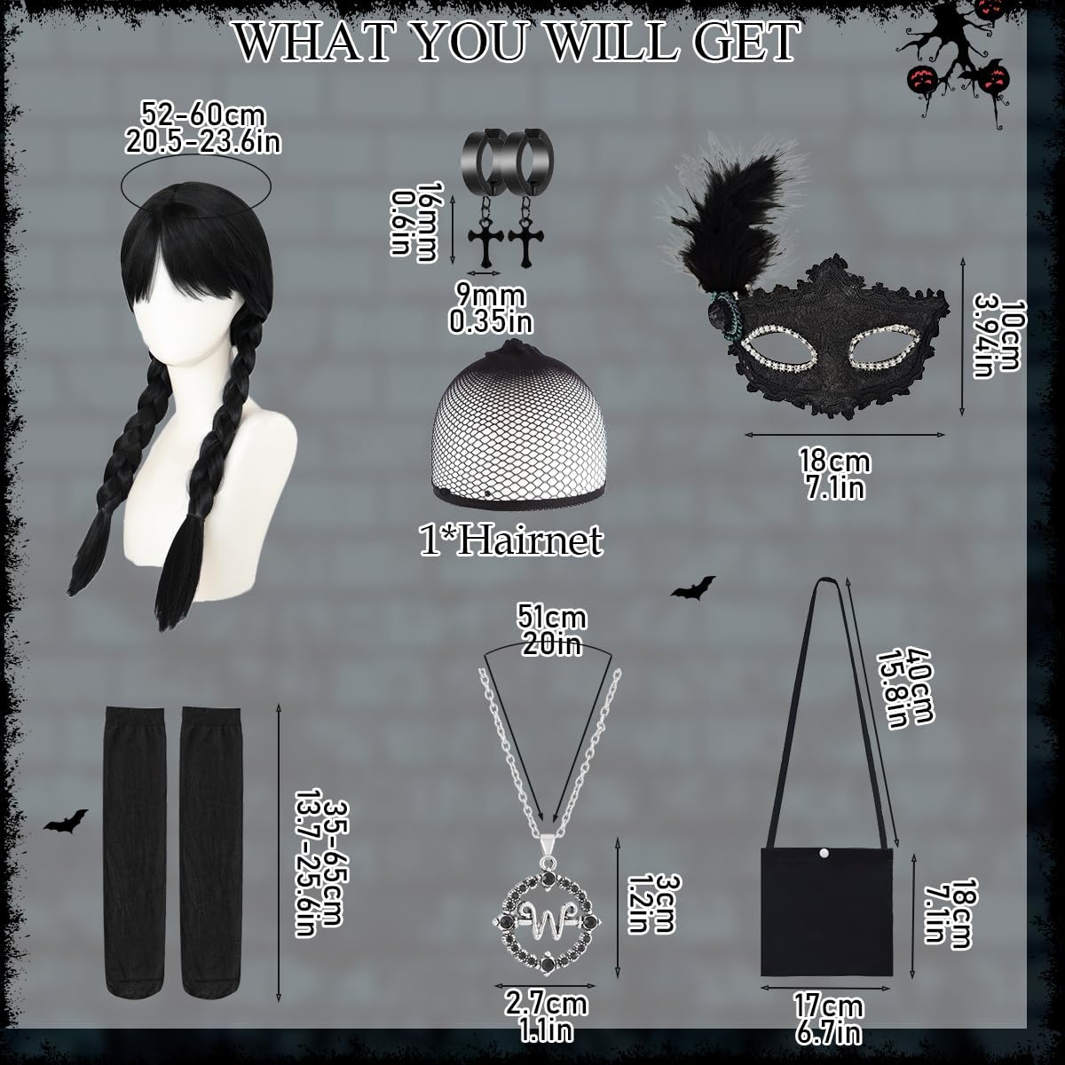 7PCS Halloween Costume for Girls Woman, 2025 Wednesday Wig Black Gothic Cosplay Accessories with Necklace Mask Earrings Bag Socks - Image 2