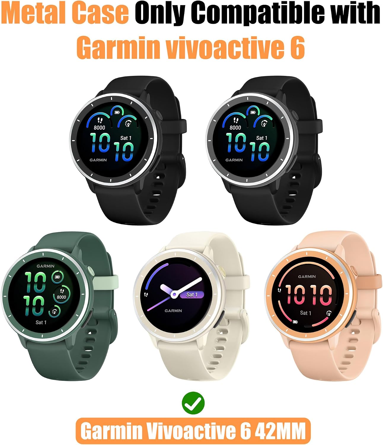 BEARDDO Metal Case for Garmin Vivoactive 6 Smartwatch, 2 in 1 Stainless Steel Bezel & TPU Back Cover with Cleaning Cloth Accessories,Rugged Shockproof Protective Case for Active 6 Men Women Moon White
