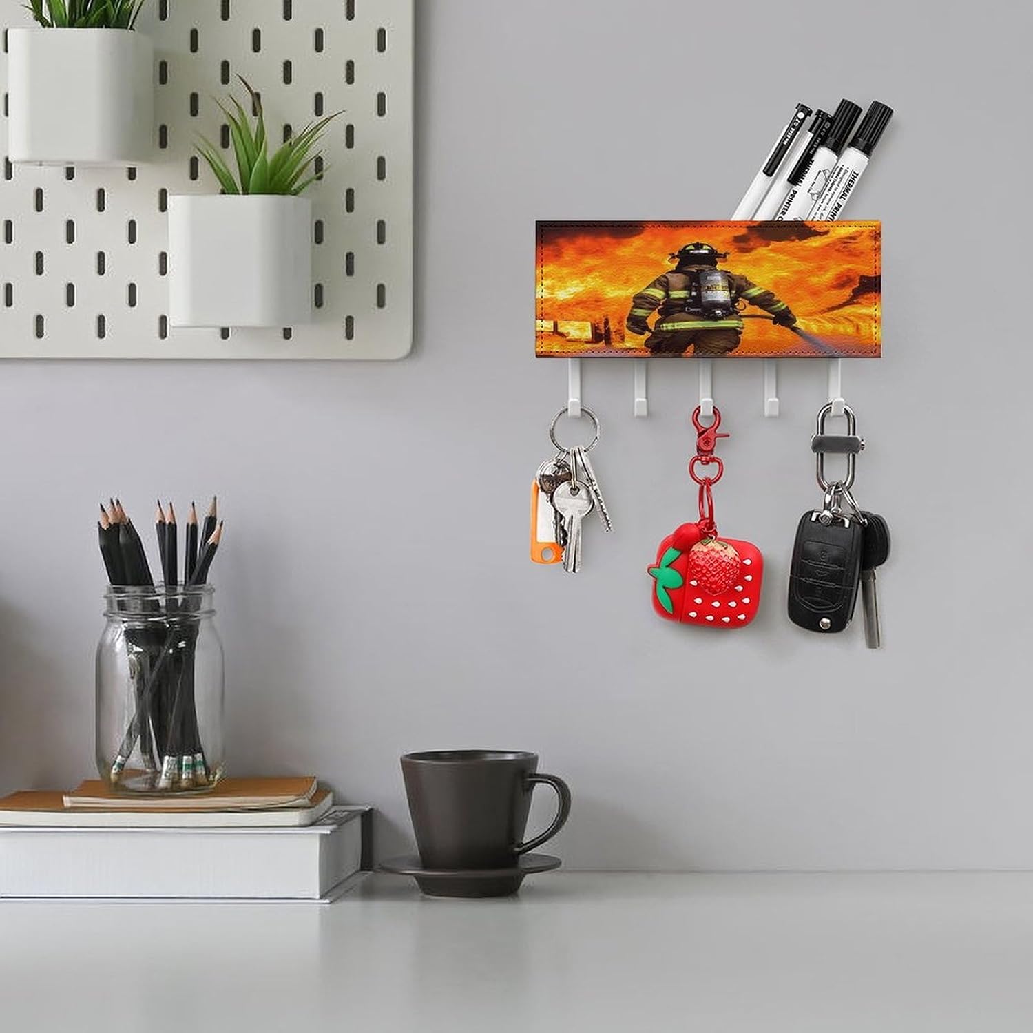 Key Holder Wall Mount Key Hanger with 5 Hooks, Decorative Key Rack | Firefighter Fireman Flame Hanging Key Hooks with Mail Organizer for Wall Living Room Kitchen Bathroom Hallway