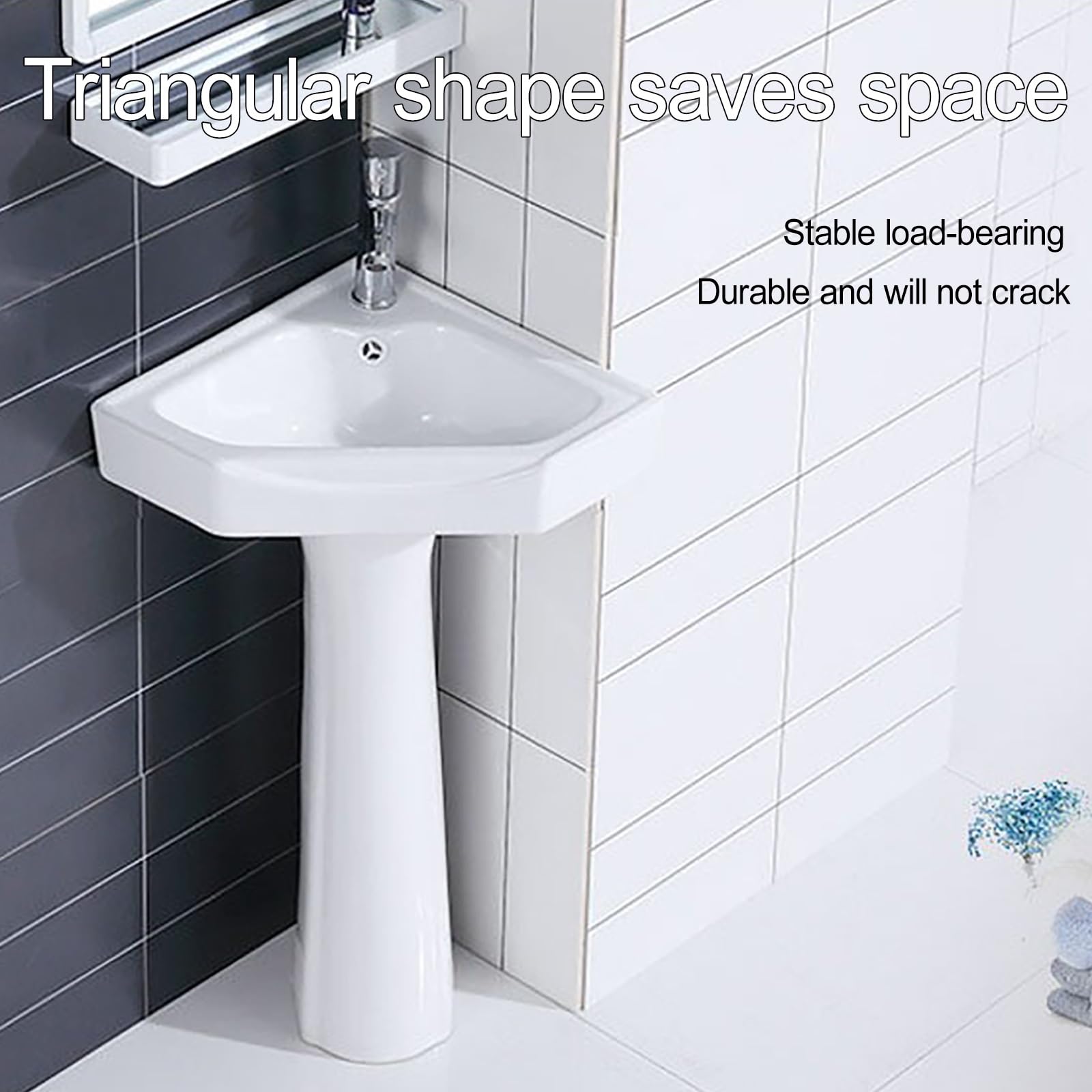 Fregadero esquinero compacto con grifo, lavabo de cerámica con desbordamiento y drenaje, perfecto para baños pequeños, diseño de ahorro de espacio, accesorio de baño moderno