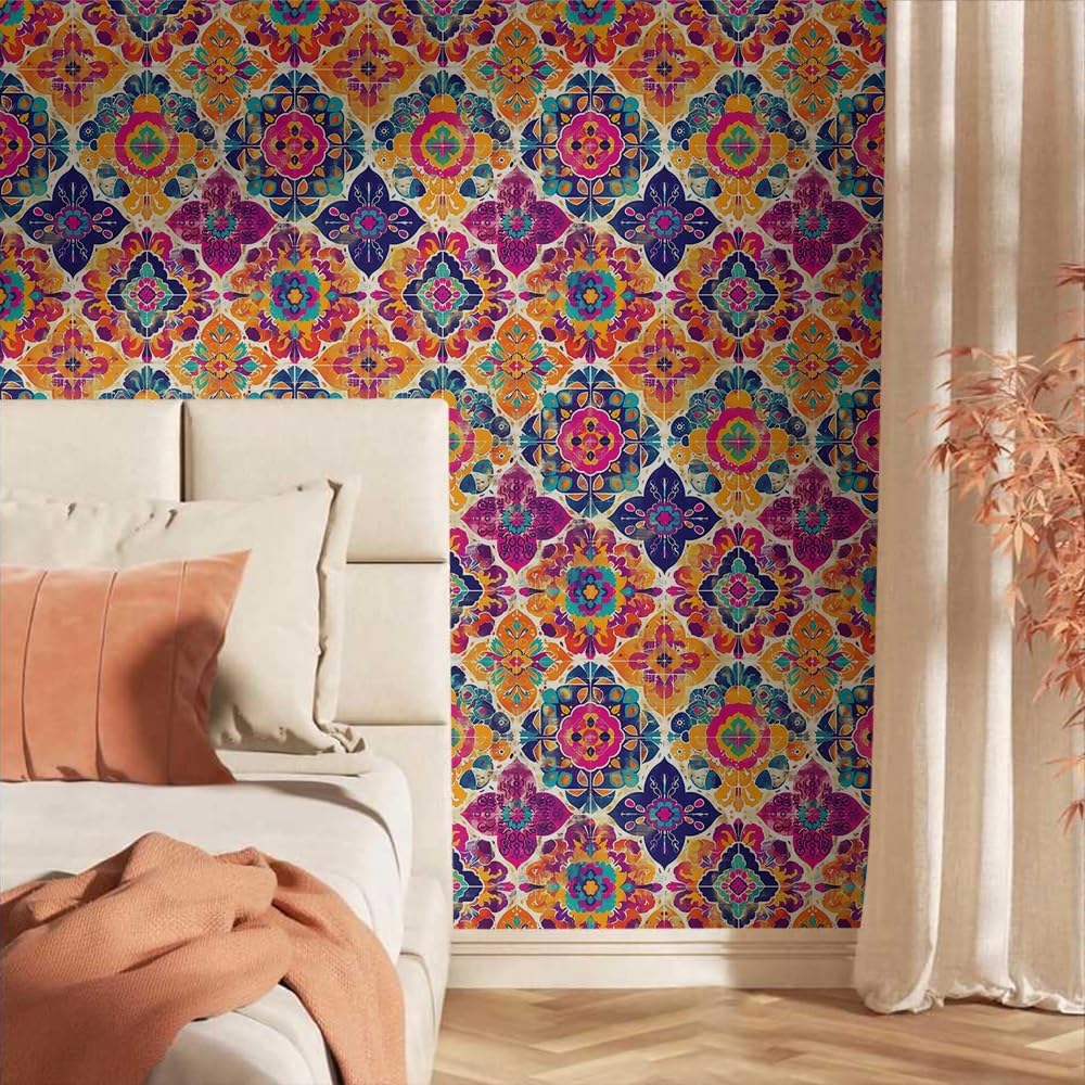 Vintage Yellow Purple Blue Moroccan Peel and Stick Wallpaper Wall Decor Self Adhesive Wall Paper Stick on Easy Peel Off Contact for Renter Apartment
