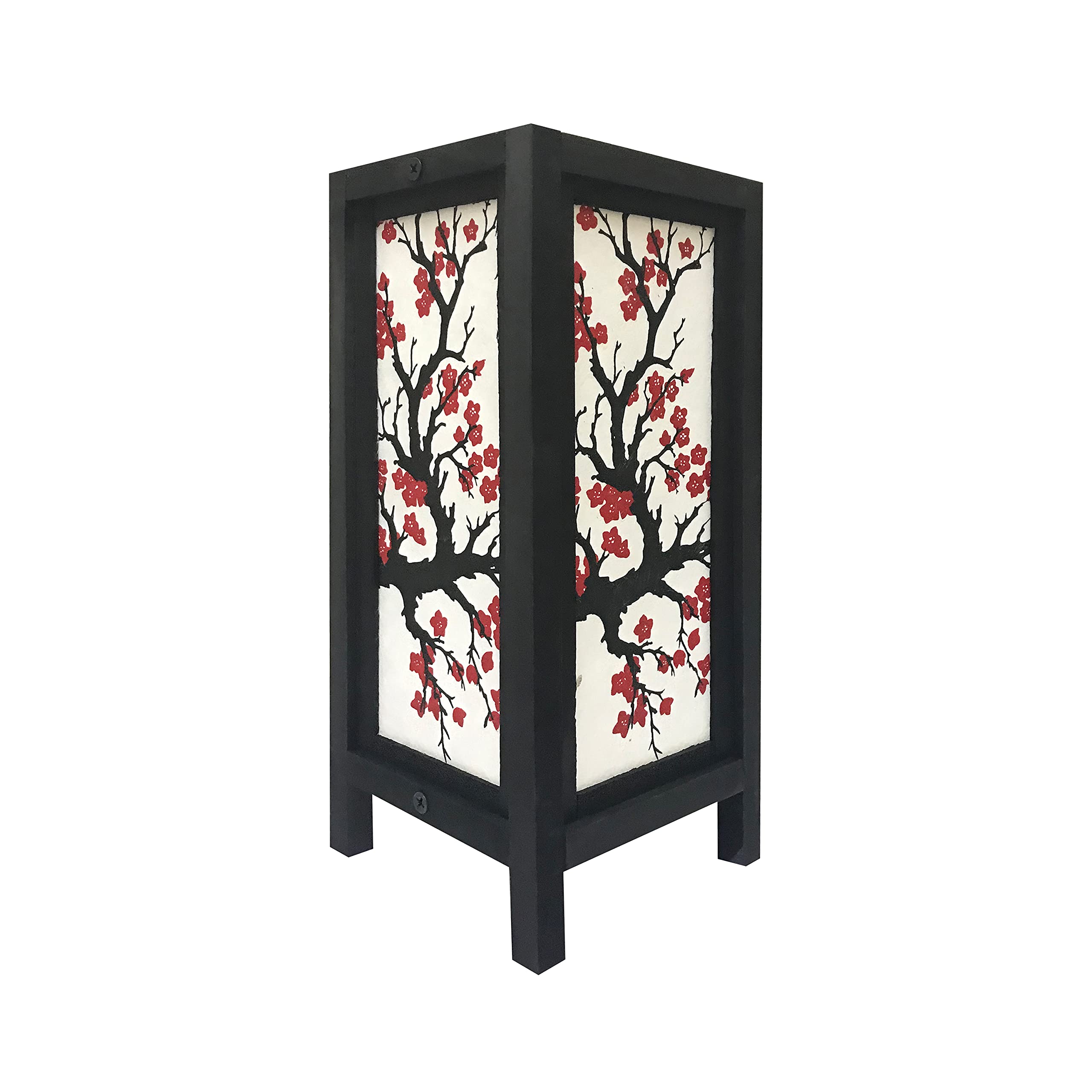 Balsa Wood Table Lamp with Japanese Cherry Blossom Tree Sakura, Handmade Asian Vintage Rice Paper Floor Lamp Shade Lighting for Home Decor, Bedroom and Desk, Small Oriental Shoji Lamp