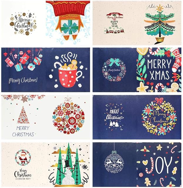 MERRYSTAR 8 Pack Christmas Diamond Painting Greeting Cards, Rhinestone Embroidery Art Craft Kits, Creative Santa Snowman DIY New Year Cards Postcards for Adults Kids