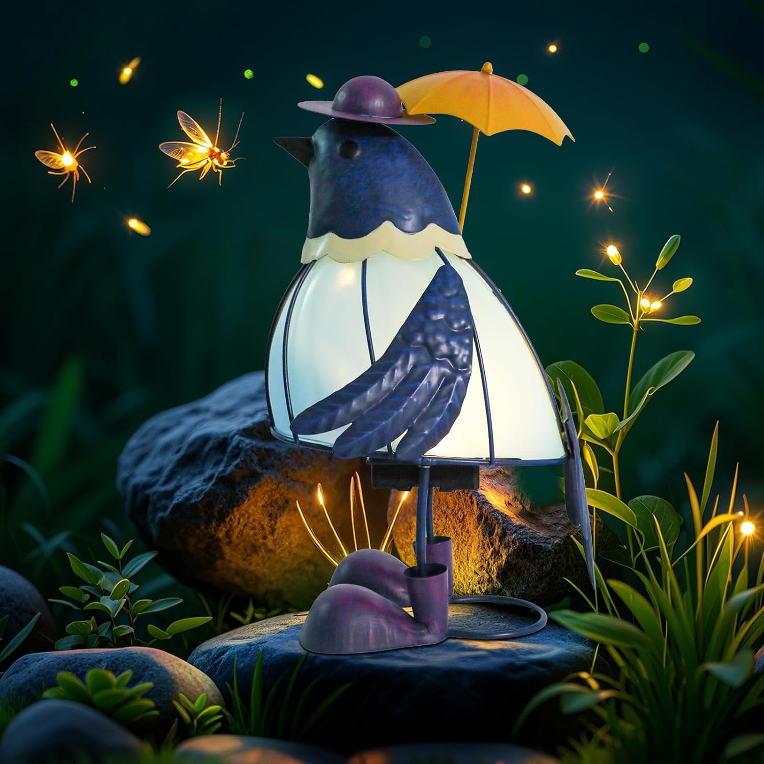 MUMTOP Solar Outdoor Lights Garden Decor, Cute Bluebirds Waterproof Solar Powered LED Light Metal Bird Holding Yellow Umbrella Yard Art Ornament for Patio Outside Lawn Backyard Balcony Decorations