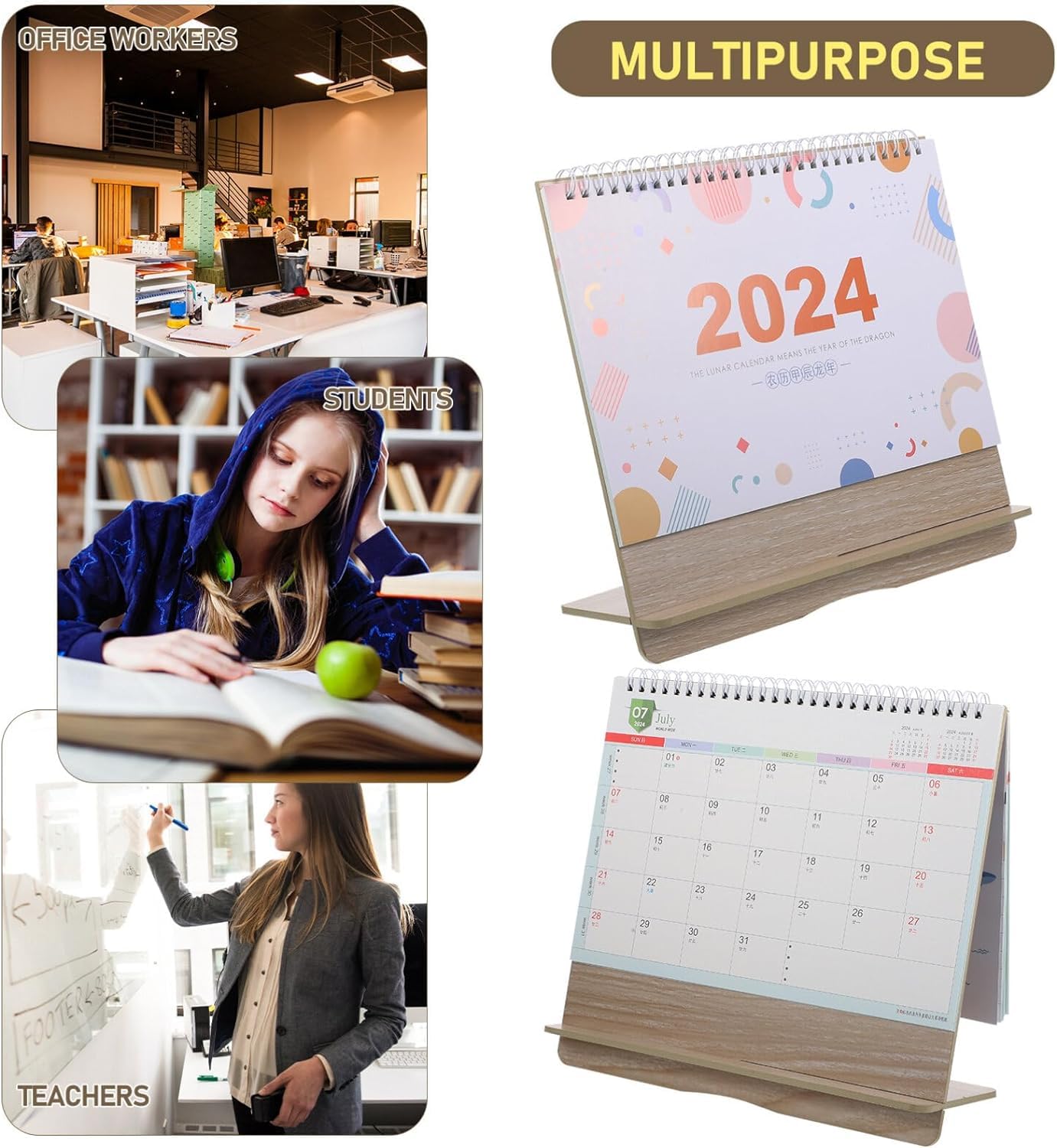 Großer Tischkalender 2024, 3D-Kalender, 2024 Schreibtischkalender mit Holzsockel, kreativer stehender Flip-Tischkalender von Januar 2024 bis Dezember 2024, 12 Monatsplaner für Zuhause, Büro, Schule