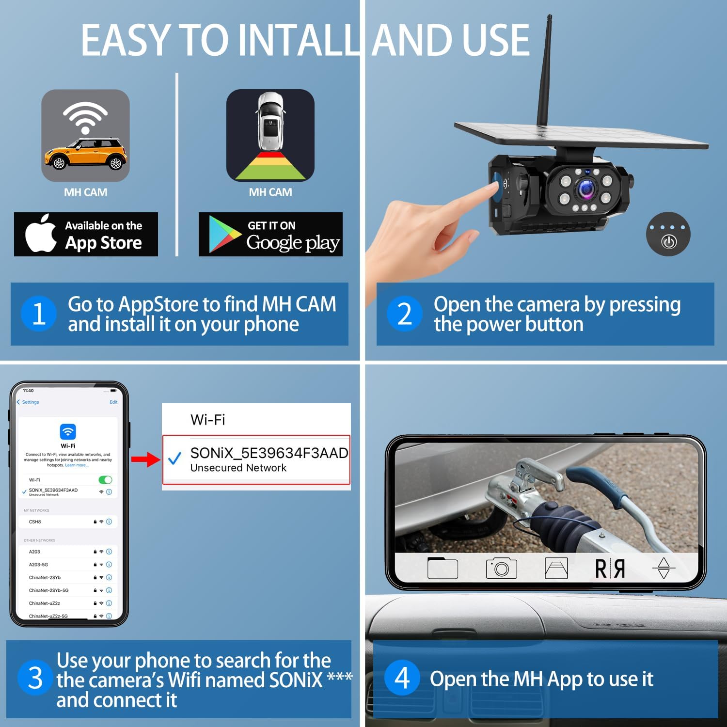 Four-step diagram showing app installation and connection: 1. Download MH CAM app, 2. Power on camera, 3. Connect to camera's Wi-Fi, 4. Open MH app to use.