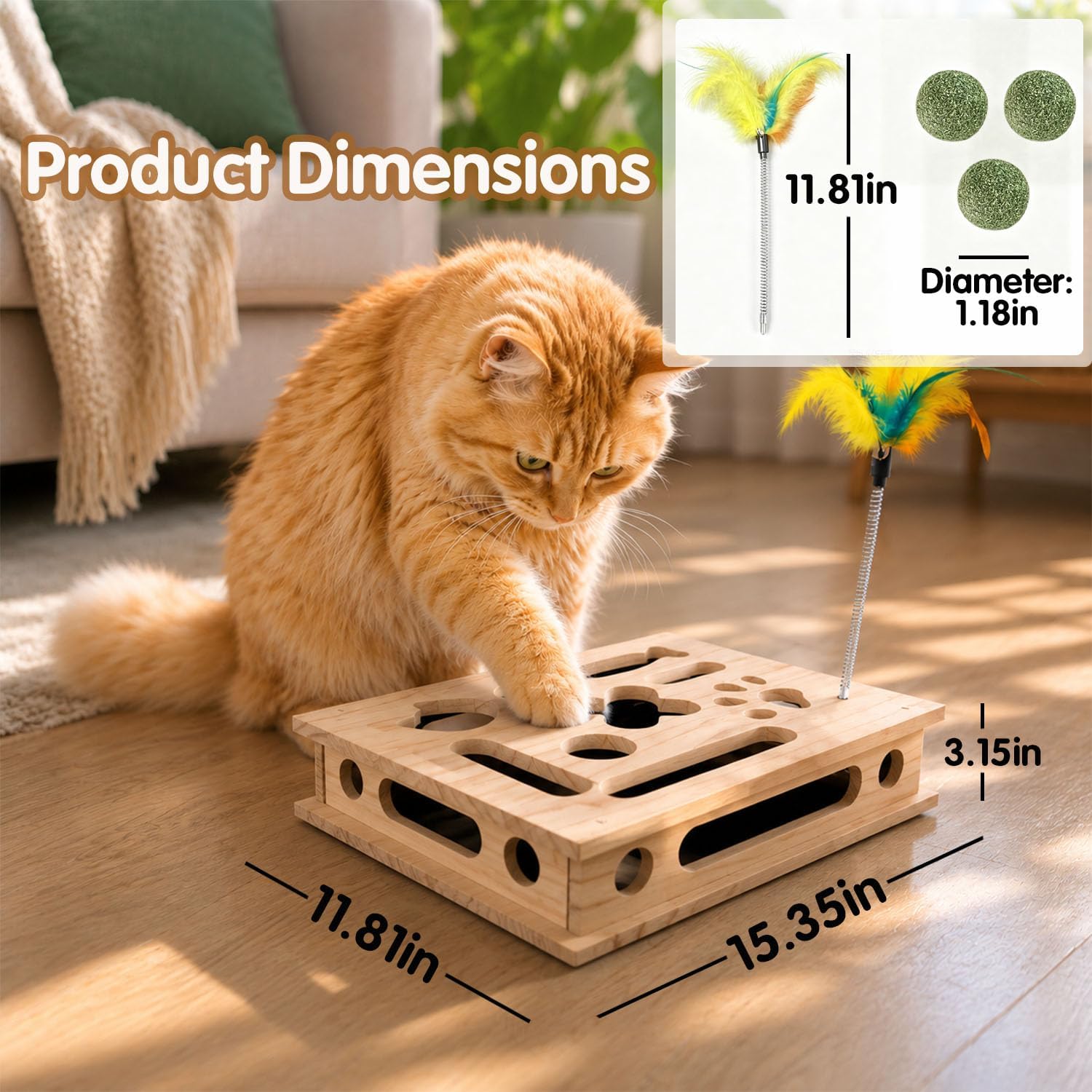 Cat Scratch Puzzle Enrichment Box | Wood Construction Cat Nail File Enrichment Box with Sandpaper Inside,Cat Nail File Box with Three Interactive Play Ball Toys