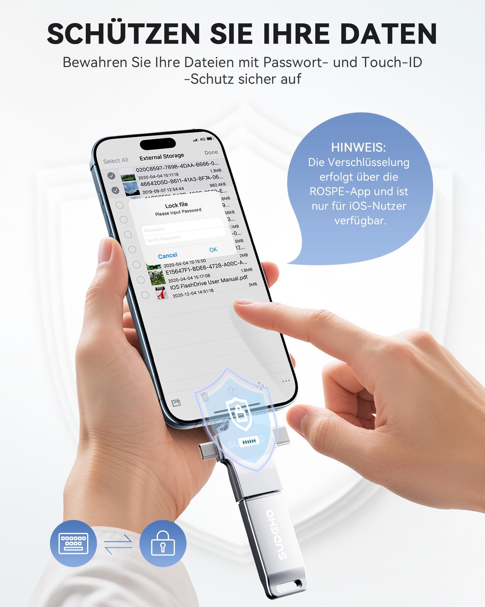 SUDEHO MFi USB Stick 256GB für iPhone, 4-in-1 Metall-Speicherstick, Silber | Flash-Laufwerk mit USB 3.0 High-Speed, für iPad, Android, PC, Mac, Backup von Fotos, Videos, Musik, Plug und Play