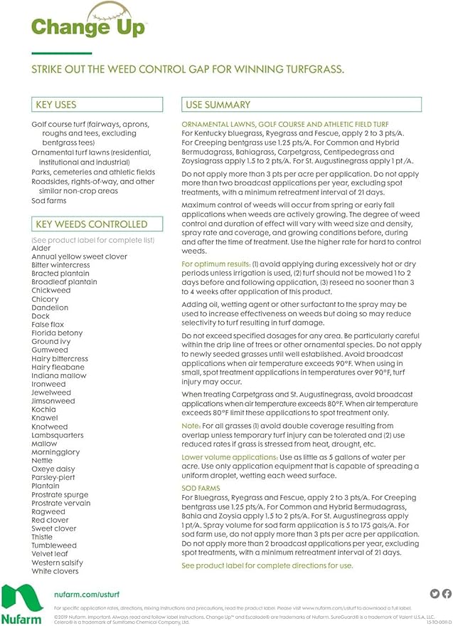 The active ingredient in Change Up is a combination of three potent herbicides: MCPA, fluroxypyr, and dicamba. These chemicals work together to provide fast-acting and long-lasting control of tough weeds such as dandelions, clover, chickweed, and more. The convenient 32 oz size of this product makes it easy to handle and apply, ensuring that you can treat large areas efficiently and effectively.