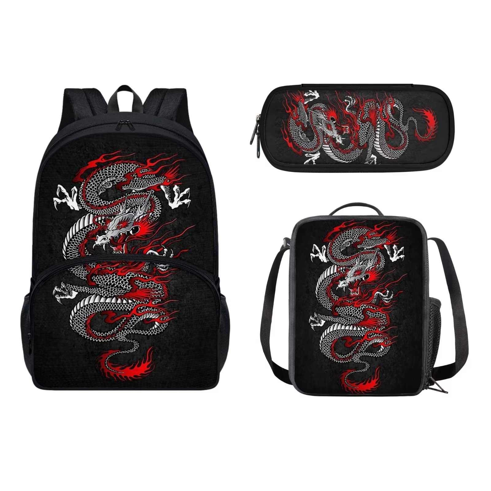 Dolyues Juego de bolsas escolares para niñas y niños, bolsa de libros de escuela primaria con bolsa de almuerzo y estuche para lápices, 3 piezas, dragón, Mochila infantil