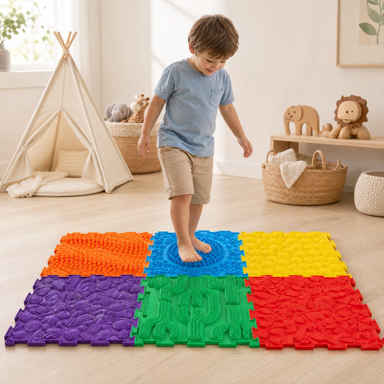 HOMASIS Alfombra de Juego Sensorial Ortopédica de 6 Placas (Multicolor Vibrante)
