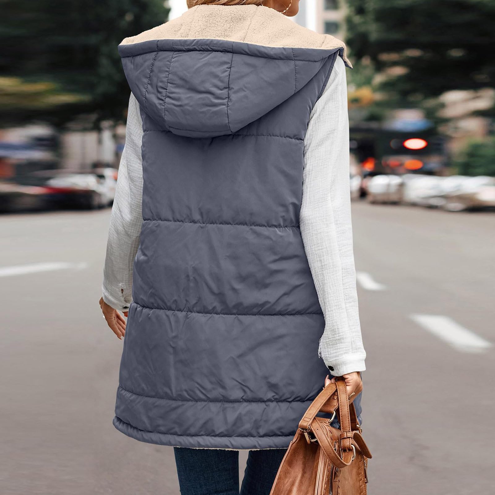 Generisch Steppweste Damen Lang Leichte Ärmellose Puffer Weste mit Kapuze Winter Warme Outdoor Daunenweste Übergangsweste Oversize Reißverschluss Winterjacke Lange Gilet Für Mädchen Elegant