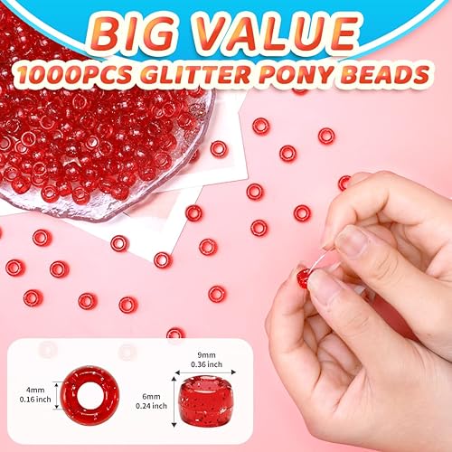 Miniatura 2 de Iooleem Cuentas de Pony (1000 piezas Cuentas de Pony con Purpurina Roja), Cuentas para Hacer Joyas, Manualidades, Suministros de Cuentas, Materiales