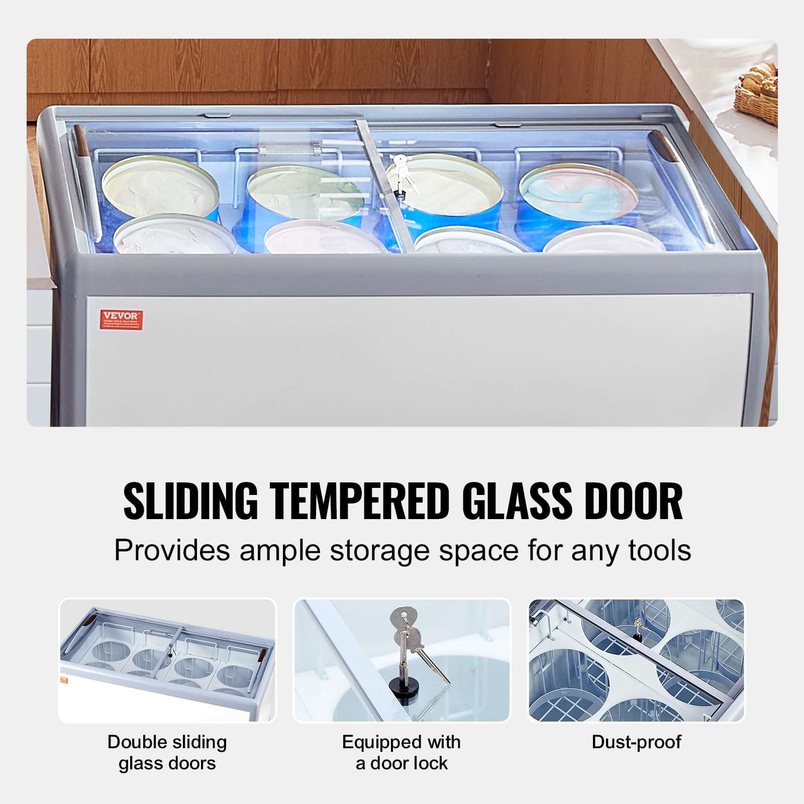VEVOR Vitrina Comercial para Helado, Congelador Horizontal de 370 L, Móvil con Tapa de Vidrio, con 8 Tinas Grandes, 2 Puertas Corredizas de Vidrio, Ruedas con Bloqueo, Blanco, 1260 x 715 x 875 mm