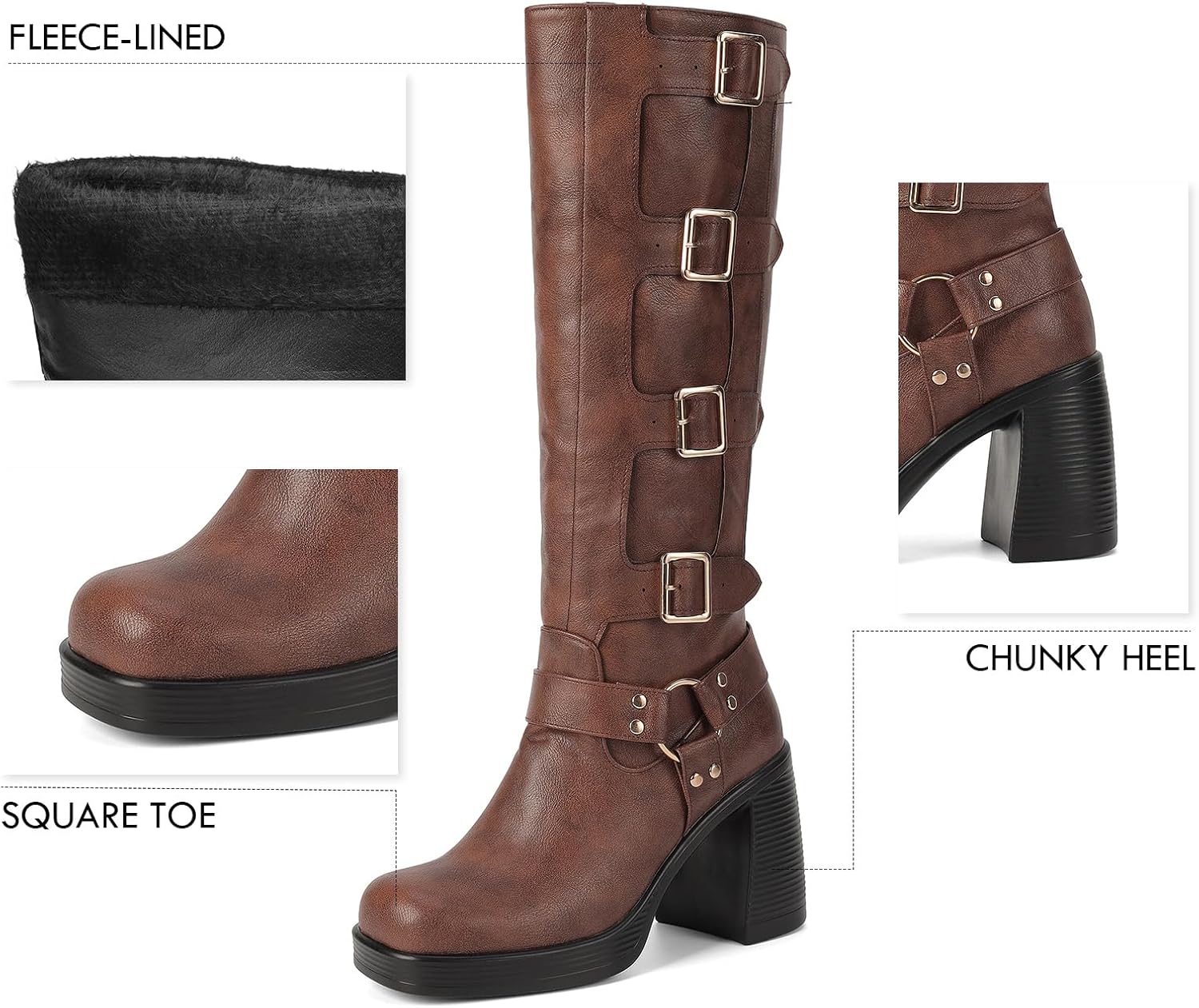 Seborluys Brown Knee High Buckle Boots for Women Winter Warm Square Toe Platform Chunky Block High Heel Gogo Boots Pull On Fashion Gothic Riding Fashion Buckle Biker Motorcycle Boot,Size 8.5 - Image 4