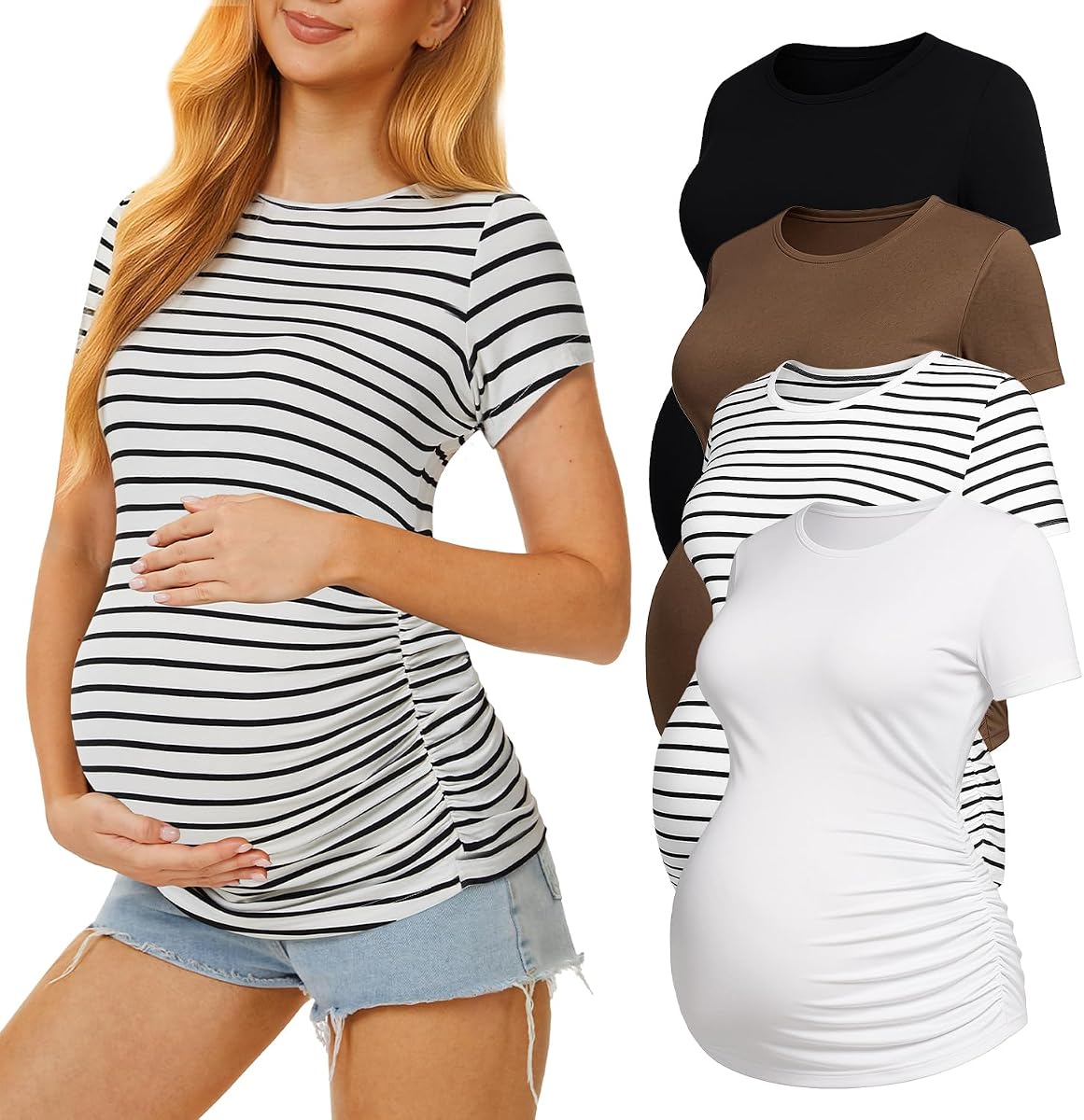 4 Pack Womens Maternity Shirts, Crew Neck Maternity Top Short Sleeve
