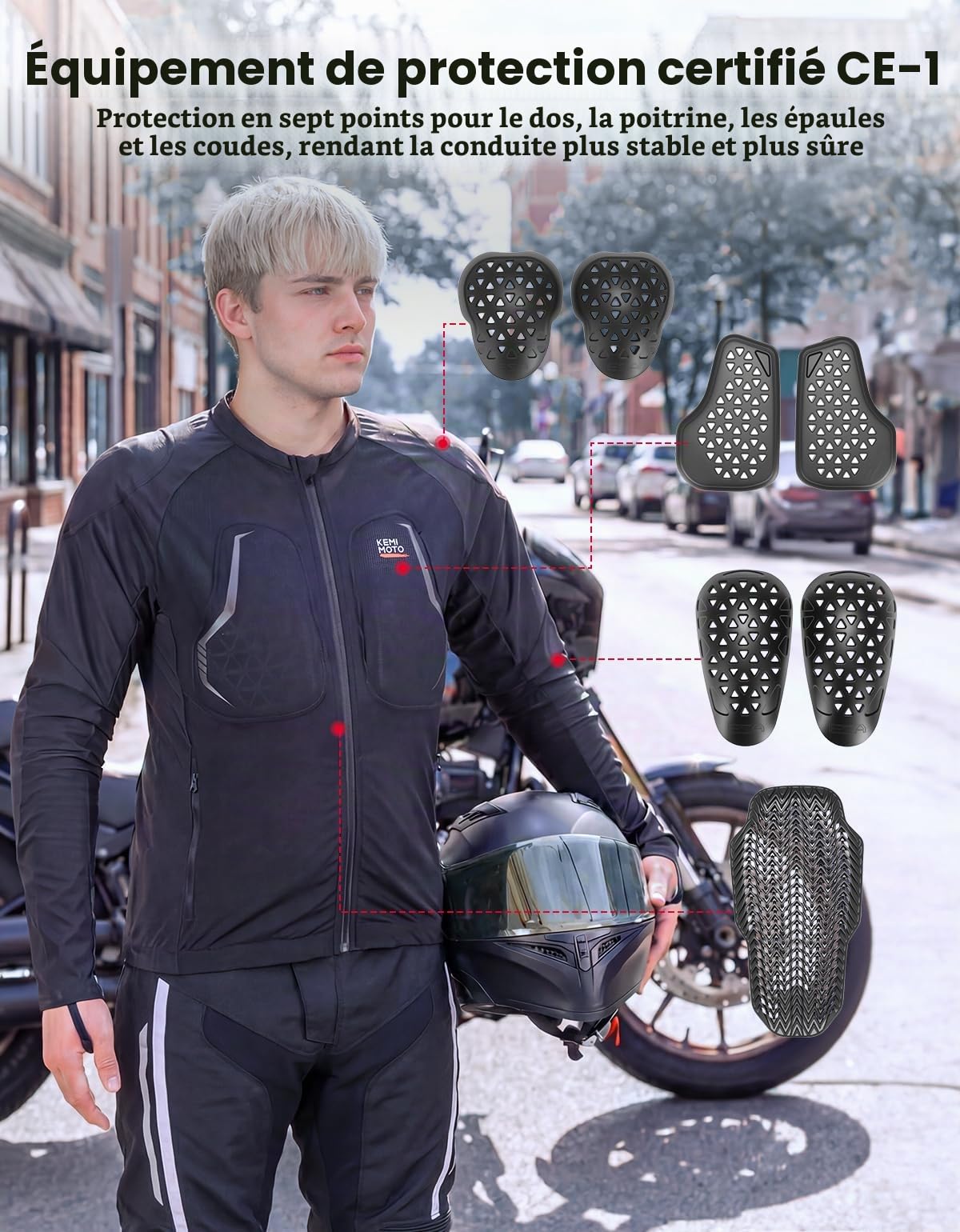 KEMIMOTO Blouson Moto Homme, Veste de Moto Respirante et Légère avec 7 Protections CE Amovibles, Veste Réfléchissant pour l'Été et la Conduite Motos