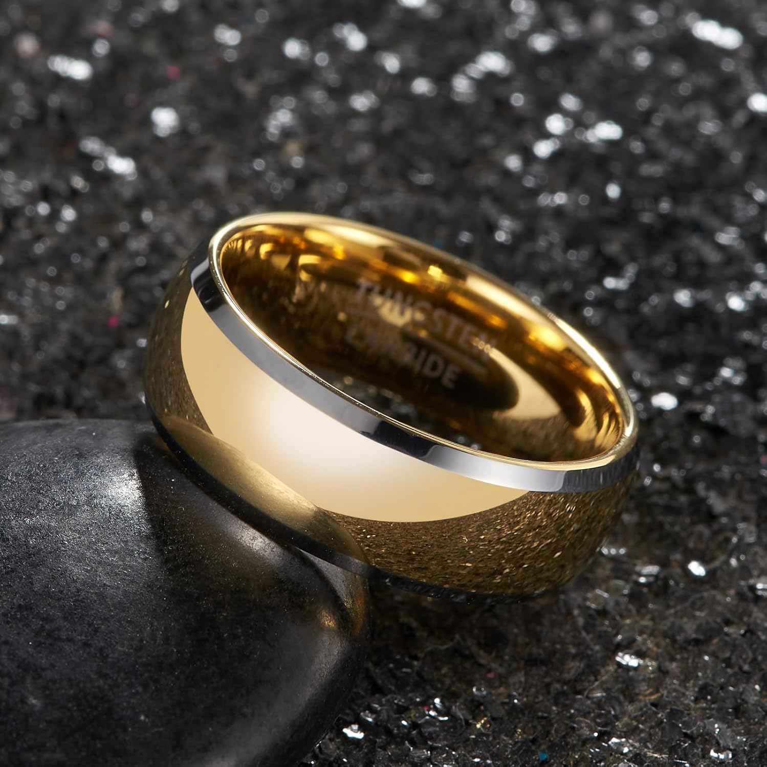 Tungsten Wedding Band for Men and Women, 8mm Wide Curved Comfort Fit Ring with Silver Trim - Image 5