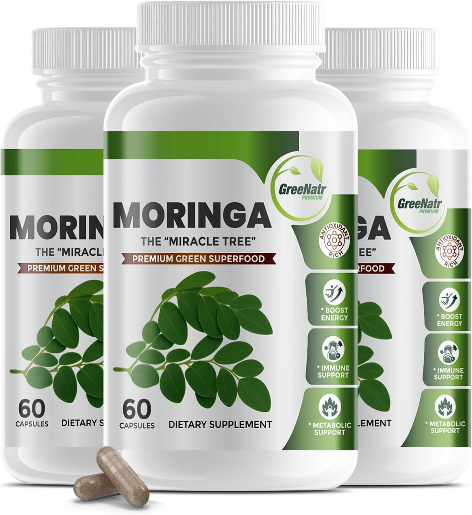 Pure Moringa Oleifera Leaf Extract Veggie Capsules 1000 mg. Natural Herbal Supplement. Energy, Mood, Memory and Focus Support. Premium Green Superfood (3 Bottles)