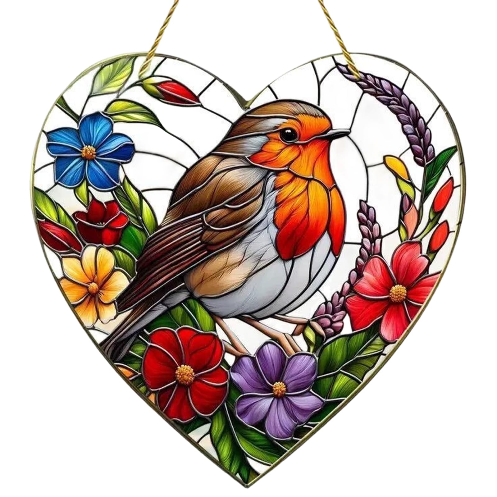 Ftxrv Multicoloured Acrylic Birds Sun Catchers, Acrylic Hanging Garden Suncatcher Robin, Large Heart-Shaped Suncatchers For Windows Robin, Ideal For Home, Garden, Or Gift (20X20cm)