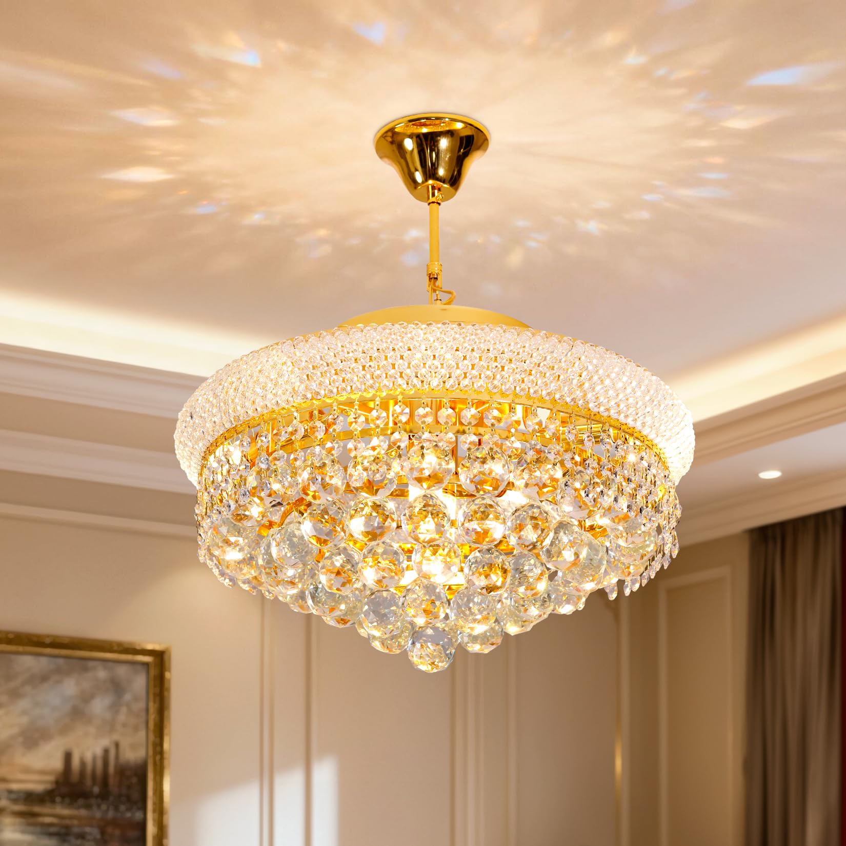 Lustre Cristal K9 Doré 46 cm, Hauteur Réglable, 6 x E14 Incluses