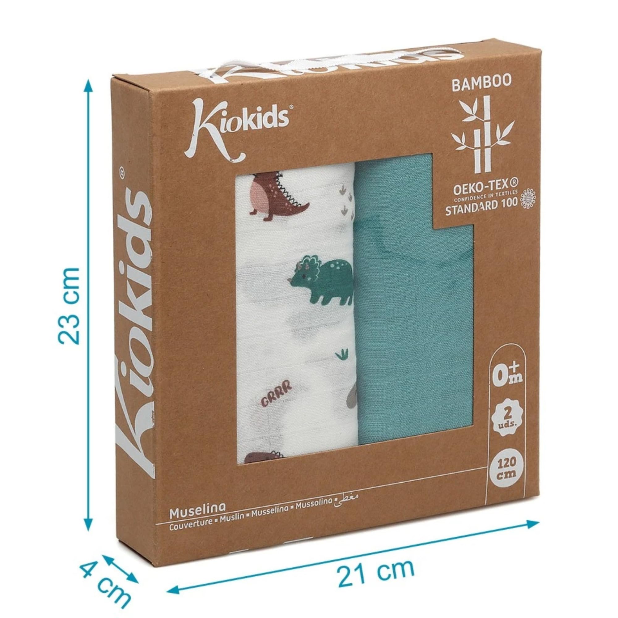 Kiokids | Chiffon Dinosauri Salvia | Morbidezza Eccezionale Grazie al Bambù e al Cotone | Termoclimatico | Fresco in estate e caldo in inverno | 120x120 cm | Salvia