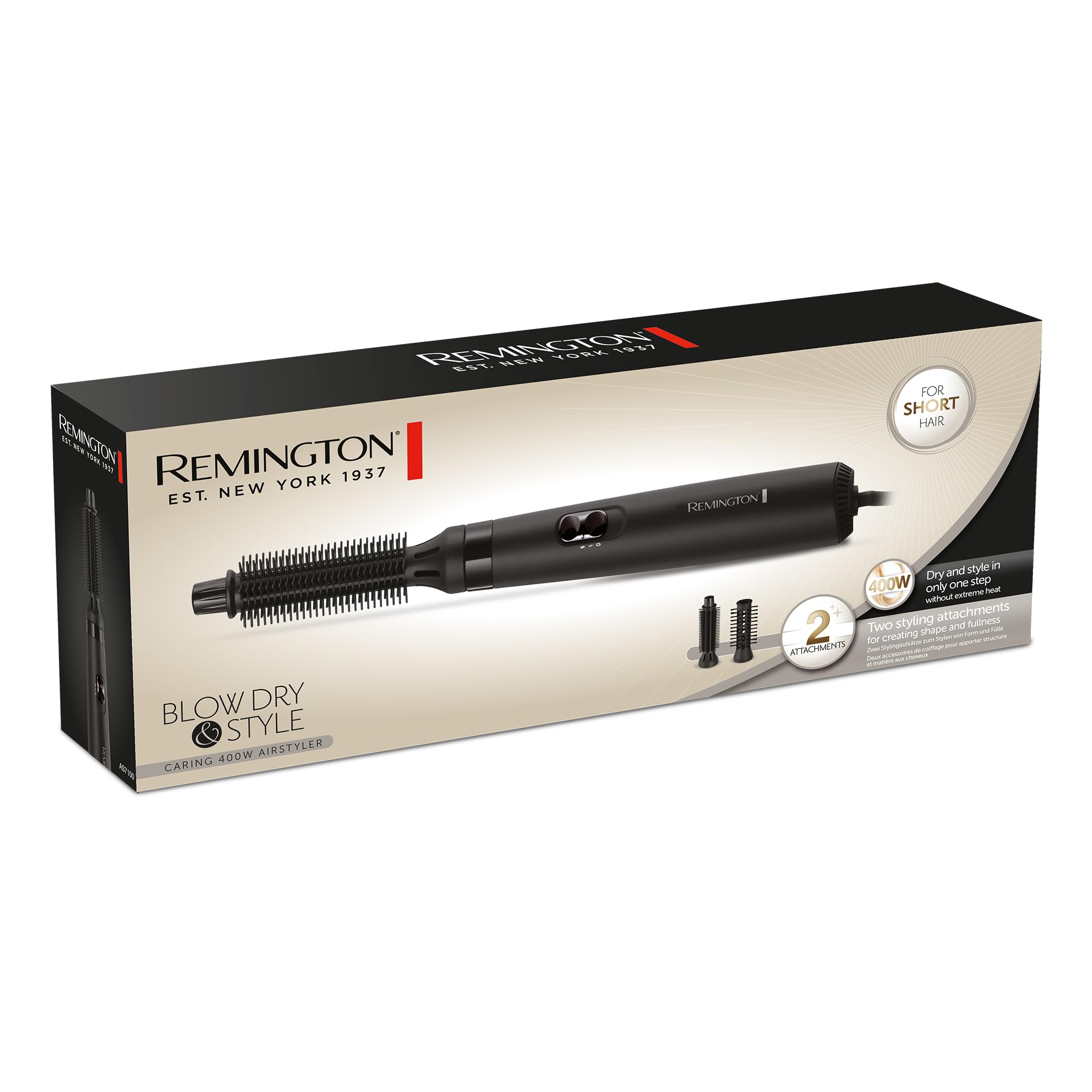 Remington Brosse Soufflante [Idéale Cheveux Courts] Blow Dry & Style (400W, Température variable, 2 brosses rondes 19 et 25mm, Cordon Rotatif) AS7100