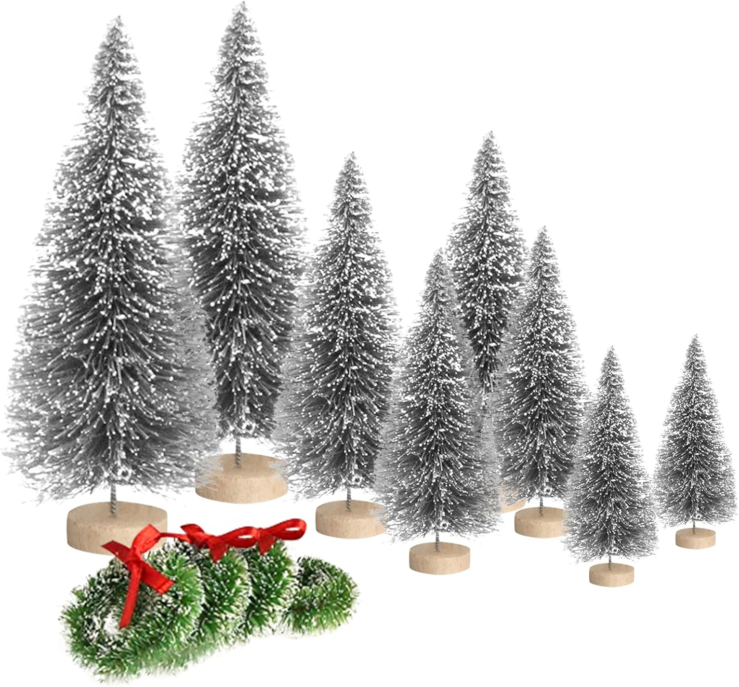 8 mini árboles de Navidad artificiales, árboles de cepillo de botella con base de madera, árbol de Navidad artificial de sisal escarchado, mini