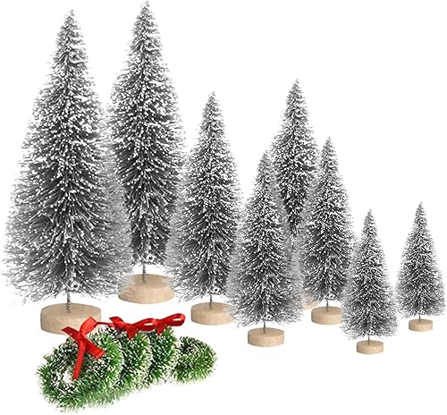 8 mini árboles de Navidad artificiales, árboles de cepillo de botella con base de madera, árbol de Navidad artificial de sisal escarchado, mini