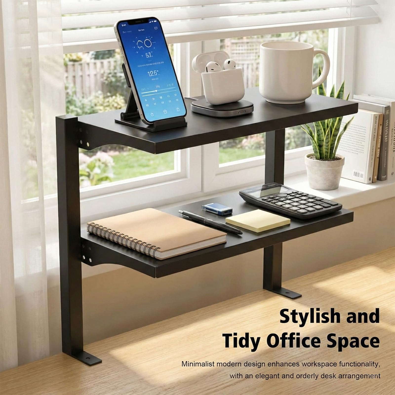 Estante de Escritorio con Abrazadera de 2 Niveles, Estante con Abrazadera para Colocar Encima O Debajo del Escritorio, para Accesorios de Mesa, 41 x 18 x 36 cm, Negro