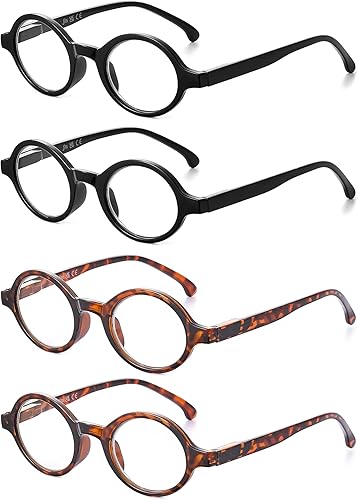 JM Juego de 4 lentes de lectura redondos retro con bisagra de resorte, lentes para hombres y mujeres, para lectura, paquete de 4, mezcla
