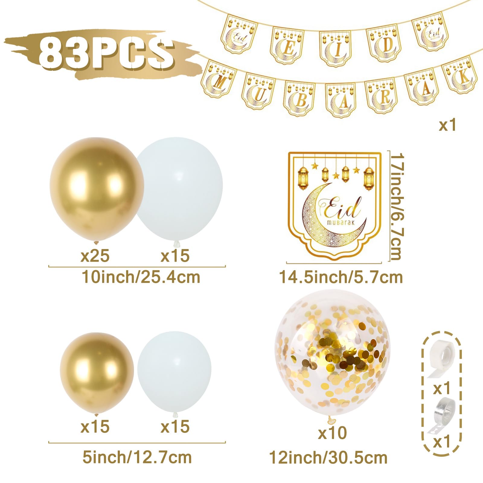 Eid Mubarak Balloons Decorations for Home 2026-80PCS White Gold Ramadan Balloons with Eid Mubarak Banner Bunting - Image 2