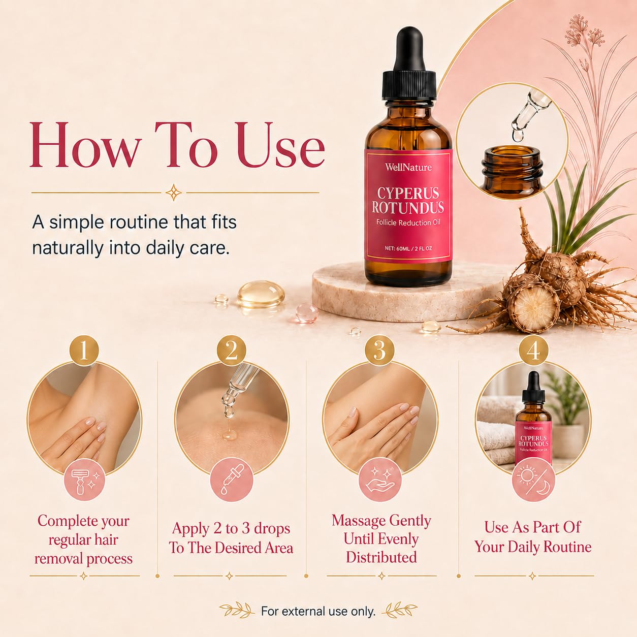 WellNature Cyperus Rotundus Root Elixir Body Oil | Post Hair Removal Care, Moisturizing & Softening, Smooth-Looking Skin, All Skin Types
