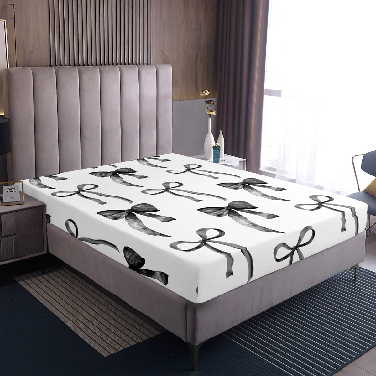 Erosebridal White Black Bow Fitted Sheet Full Size Simple Bowknot Bed Sheets Cute Dreamy Preppy Bow Bedding Set Coquette Aesthetic Bowtie Sheets