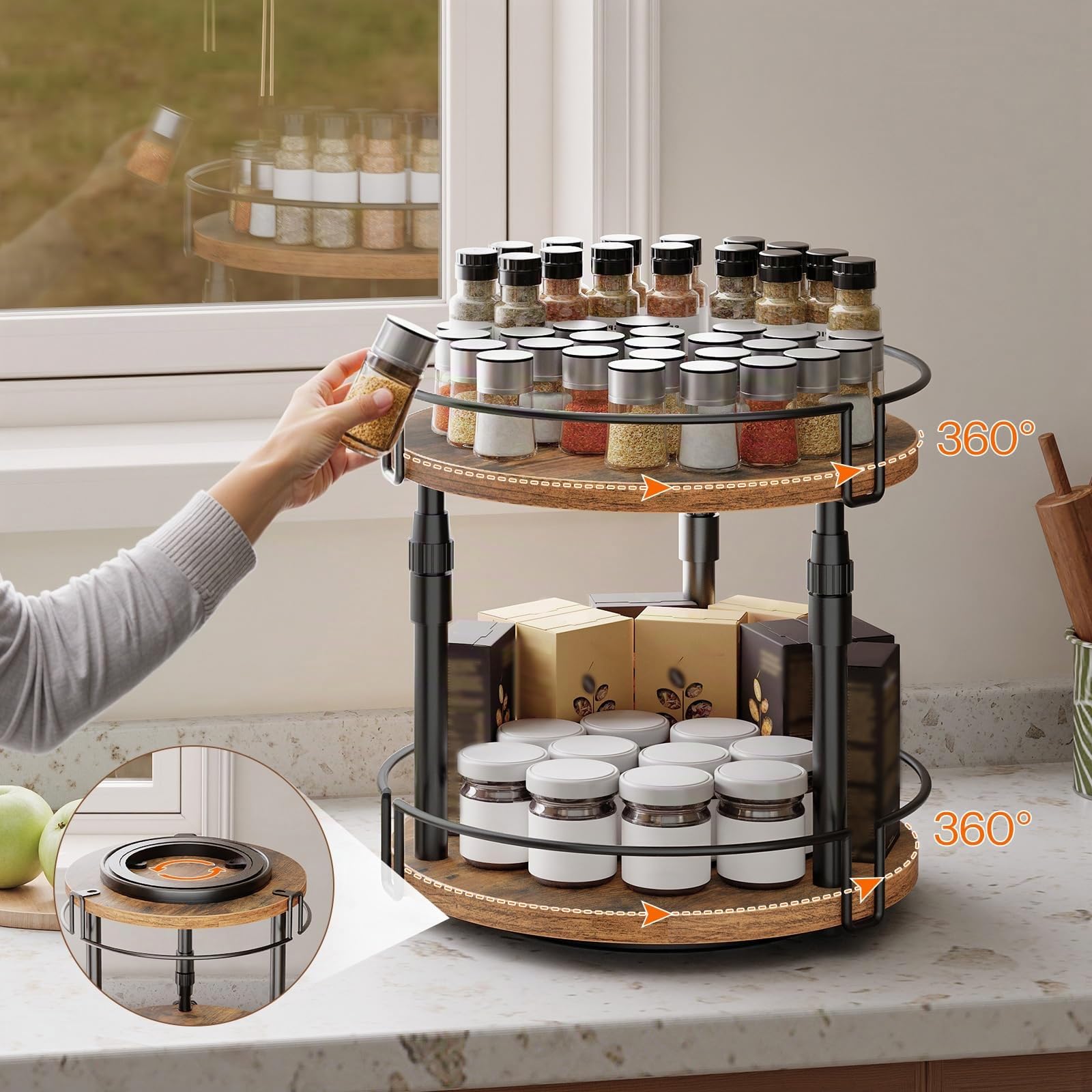 HOOBRO Scaffale Portaspezie a 2 Livelli, Scaffale da Cucina con Altezza Regolabile, Organizer da Cucina Rotante per Piano, Armadio, Tavolo, Marrone Vintage EBF05TL01