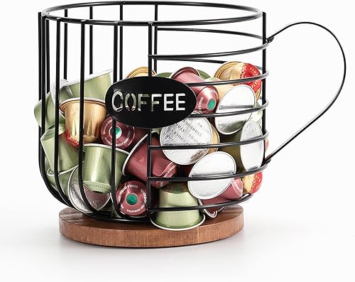 Miniatura 6 de Soporte rústico para cápsulas de café  Alambre negro de gran capacidad para almacenamiento de tazas K con tapa de madera  Decoración redonda de