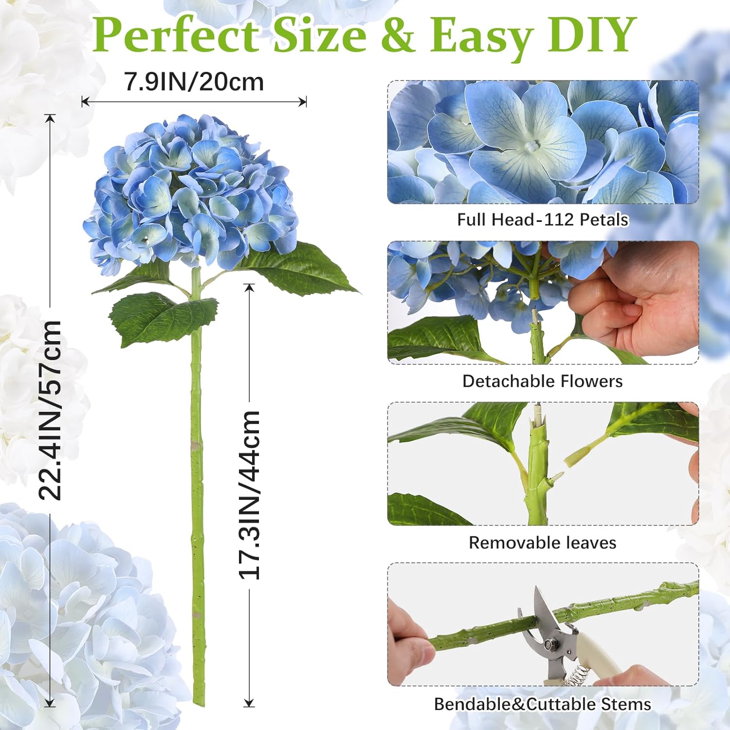 Veryhome Blue Hydrangea Artificial Flowers - 3Pcs 22.44In Large Faux Hydrangea Flowers, Latex Real Touch Flowers, Fake Hydrangeas for Home Decor Wedding Party Centerpieces Floral Arrangements - Image 6