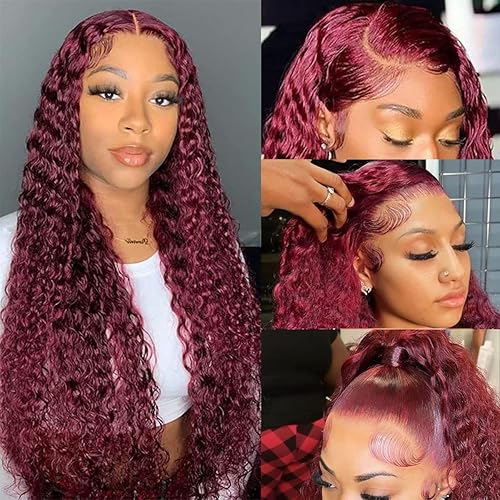 MAXTASK Burgundy Lace Front Wigs Human Hair Pre Plucked Deep Wave Wig 99J 13x4 HD Lace Frontal Wigs for Black Women Human Hair Wet and Wavy Red Deep Curly Wigs Glueless Colored Wigs Brazilian Virgin Human Hair Wigs with Baby Hair 26 Inch