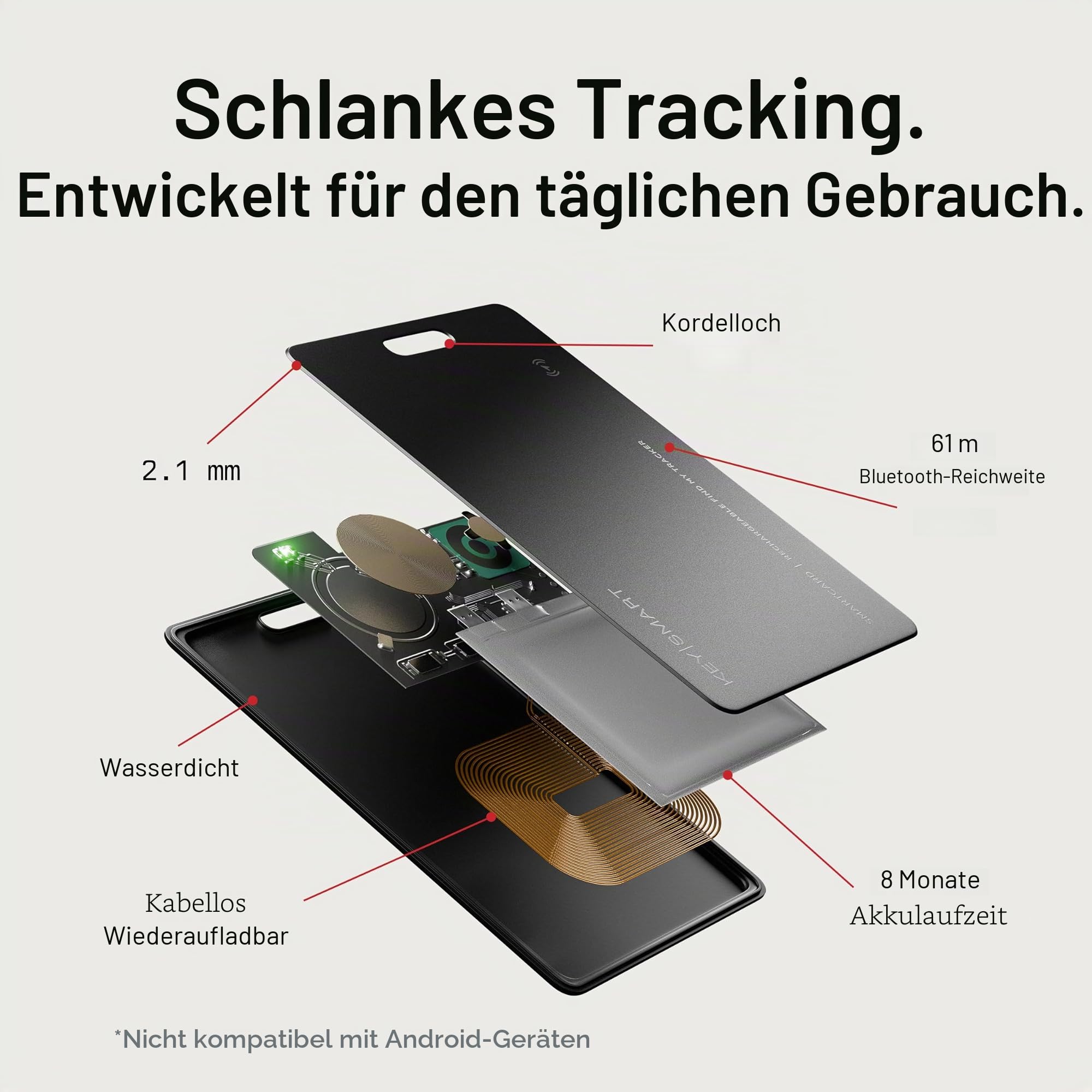 KeySmart SmartCard (Gen 2) MFi-zertifizierte Wallet-Tracker-Karte, kompatibel mit Apple Find My, wiederaufladbar, ultradünn, Bluetooth-Tracking, mit Schlüsselring-Loch, 1er-Pack