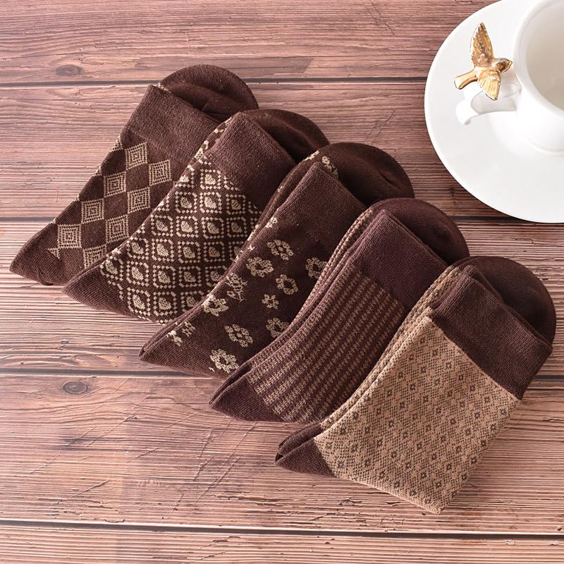 Vintage Gingham Brown Cotton Socks for Women Winter Casual Warm Socks Patterned Walking Socks Crew Socks 5 Pairs4