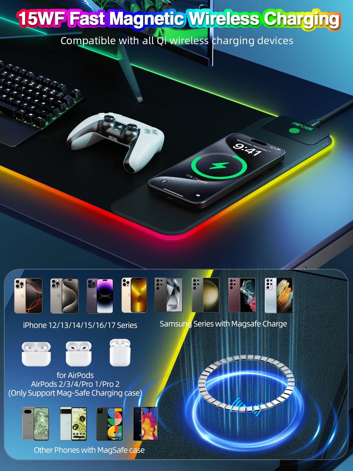 Tappetino per mouse con ricarica magnetica, tappetino per mouse da gioco XL, 80 x 30 cm, 11+5 modalità di illuminazione RGB, grande tappetino da scrivania per casa e ufficio con superficie ultra