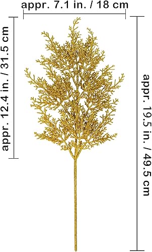 Miniatura 3 de Winlyn 6 piezas de cedro artificial dorado con purpurina en aerosol para arreglos florales de Navidad, ramas de cedro sintético, tallos de pino de
