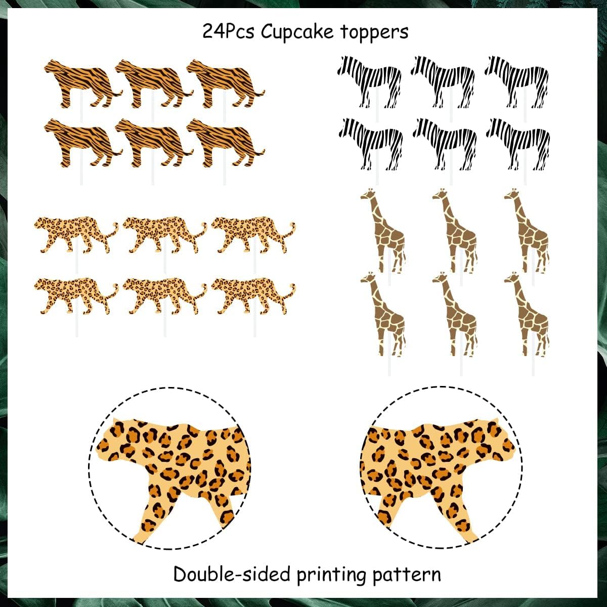 Dekoracje na imprezę urodzinową, dzika ozdoba na wierzch tortu Zwierzęta z dżungli 24-pak wykaszarki do ciastek, Leopard Cheetah Pierwsze dekoracje urodzinowe Jungle Safari Zoo Theme Party Cake Suppli
