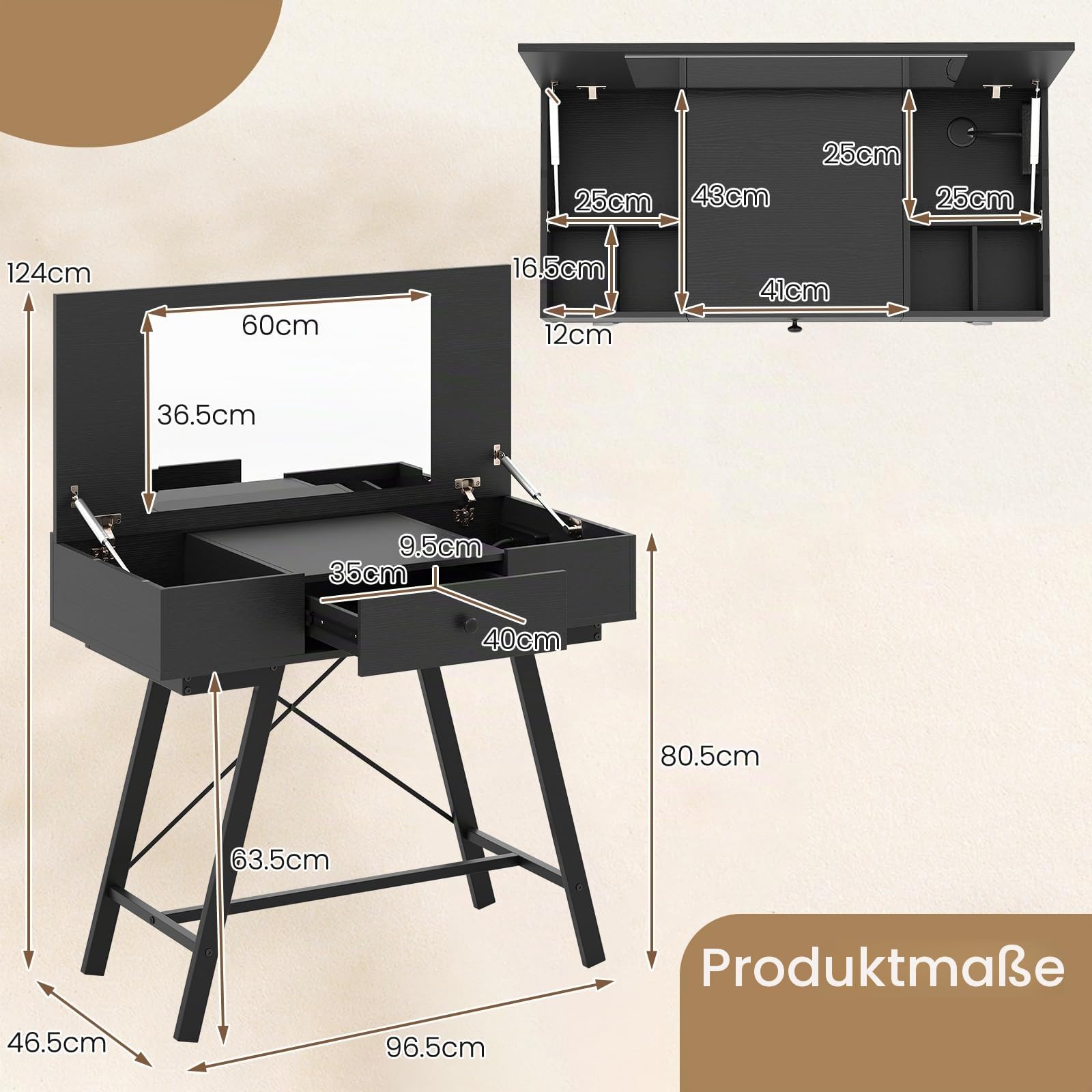 GIANTEX Schminktisch mit Spiegel, Kosmetiktisch mit Ladestation, Frisiertisch mit Schublade, 6 Aufbewahrungsfächern & Klappdeckel, Make-up-Schreibtisch mit Metallrahmen, Vanity Dressing Table, Schwarz
