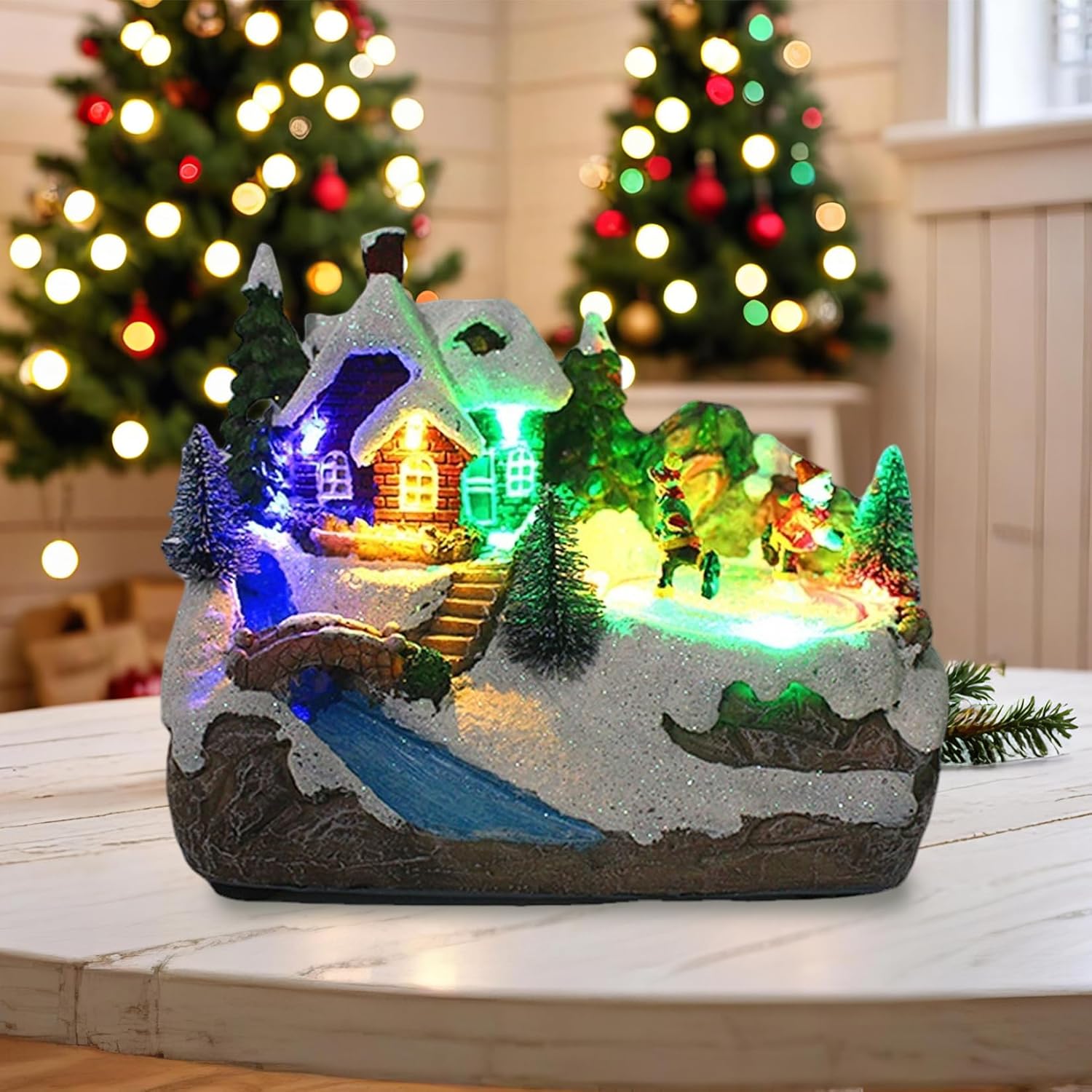 Christmas Village Houses LED Lights Sweet Music Christmas Houses with Rotate Skiing Kids Battery Operated & Rechargeable for Kids Adults, 6.3x4.1x5.5 inch Village, Set